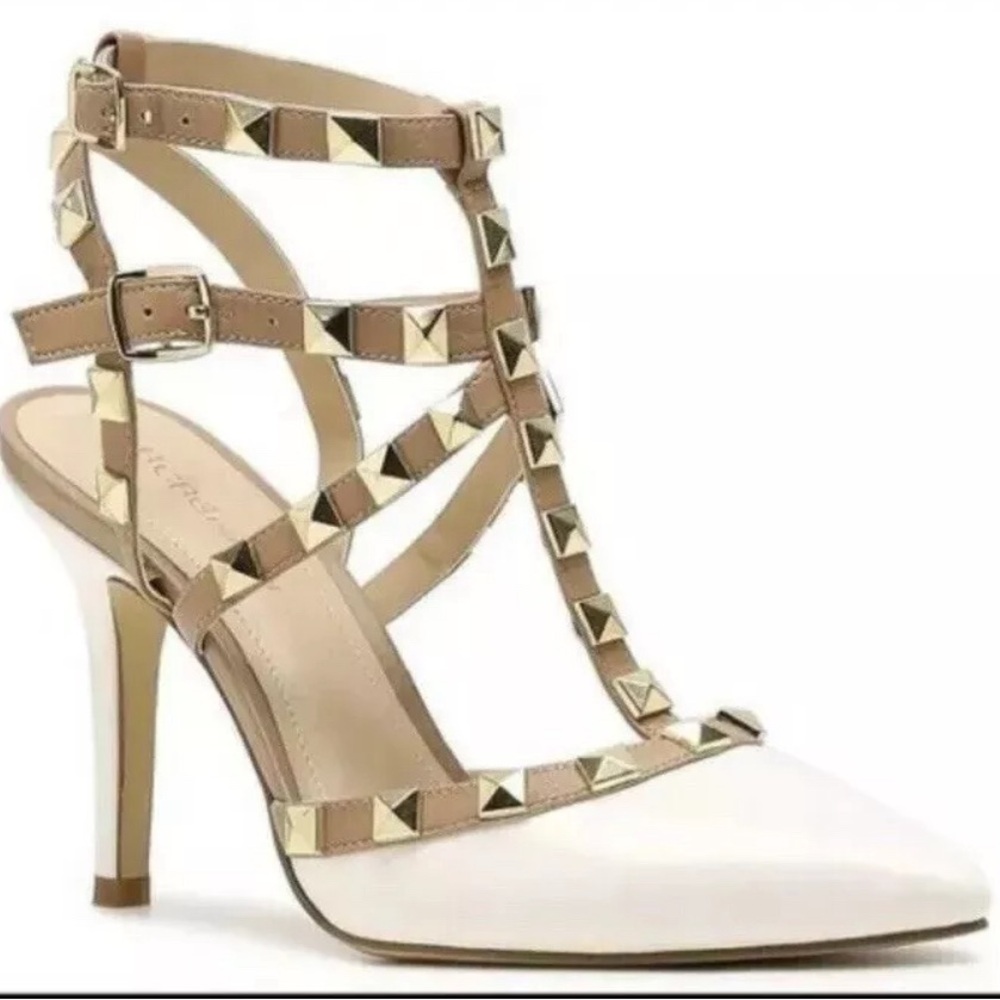 Women's White and Tan Studded Heels